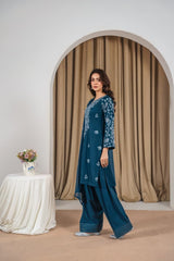 Stone Linen Embroidered Kurta Farshi 3 Piece Suit