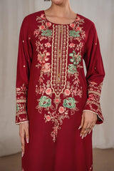 Stone Linen Embroidered Long Length 3 Piece Suit