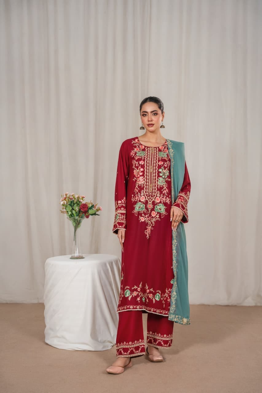 Stone Linen Embroidered Long Length 3 Piece Suit