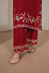 Stone Linen Embroidered Long Length 3 Piece Suit