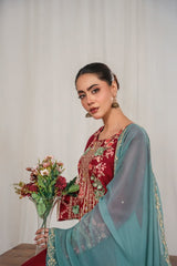 Stone Linen Embroidered Long Length 3 Piece Suit