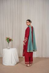 Stone Linen Embroidered Long Length 3 Piece Suit