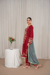 Stone Linen Embroidered Long Length 3 Piece Suit