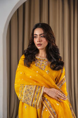 Stone Linen Sequence Embroidered Shirt Plazo 3 Piece Suit