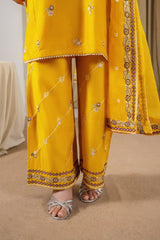 Stone Linen Sequence Embroidered Shirt Plazo 3 Piece Suit