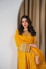 Stone Linen Sequence Embroidered Shirt Plazo 3 Piece Suit