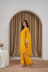 Stone Linen Sequence Embroidered Shirt Plazo 3 Piece Suit