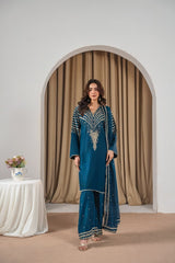 Stone Linen Sequence Embroidered Shirt Plazo 3 Piece Suit
