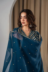 Stone Linen Sequence Embroidered Shirt Plazo 3 Piece Suit
