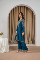 Stone Linen Sequence Embroidered Shirt Plazo 3 Piece Suit