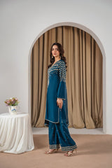 Stone Linen Sequence Embroidered Shirt Plazo 3 Piece Suit
