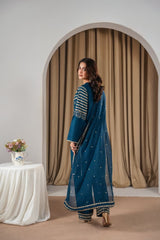 Stone Linen Sequence Embroidered Shirt Plazo 3 Piece Suit
