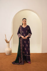 Stone Linen Long Shirt Heavy Embroidered Shawl 3 Piece Suit