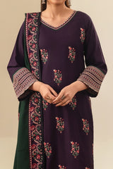Stone Linen Long Shirt Heavy Embroidered Shawl 3 Piece Suit
