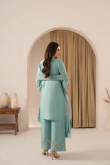 Stone Linen Embroidered Short Shirt Plazo 3 Piece Suit