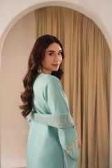 Stone Linen Embroidered Short Shirt Plazo 3 Piece Suit