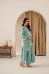 Stone Linen Embroidered Short Shirt Plazo 3 Piece Suit