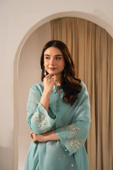 Stone Linen Embroidered Short Shirt Plazo 3 Piece Suit