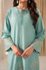 Stone Linen Embroidered Short Shirt Plazo 3 Piece Suit