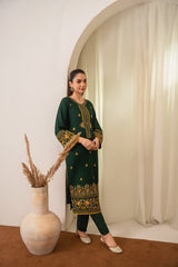 Stone Linen Long Shirt Embroidered 2 Piece Suit