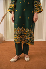 Stone Linen Long Shirt Embroidered 2 Piece Suit