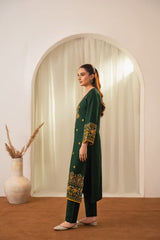 Stone Linen Long Shirt Embroidered 2 Piece Suit