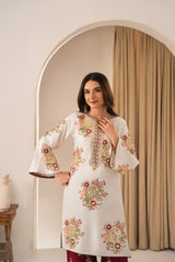 Stone Linen Heavy Embroidered Shirt Plazo 2 Piece Suit