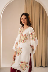 Stone Linen Heavy Embroidered Shirt Plazo 2 Piece Suit