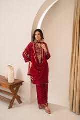 Stone Linen Sequence Embroidered Shirt Plazo 3 Piece Suit