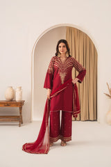 Stone Linen Sequence Embroidered Shirt Plazo 3 Piece Suit