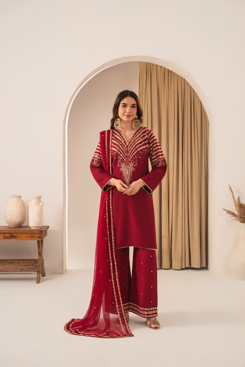 Stone Linen Sequence Embroidered Shirt Plazo 3 Piece Suit