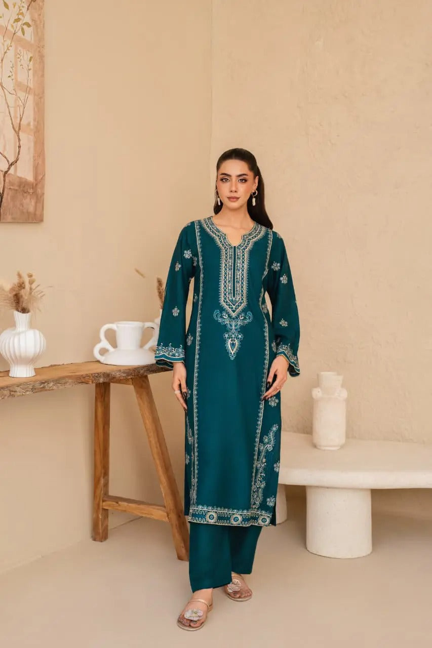 Premium Stone Linen Winter Embroidered Long Shirt with Plain Trouser – 2 Piece