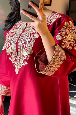 Premium Stone Linen Embroidered Long Shirt Suit 2 Piece