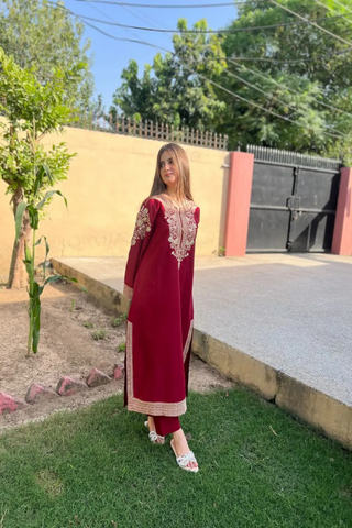 Premium Stone Linen Embroidered Long Shirt Suit 2 Piece