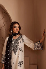 Stone Linen Embroidered Long Length 3 Piece Suit