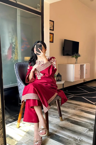 Premium Stone Linen Embroidered Long Shirt Suit 2 Piece