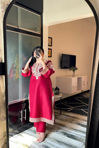 Premium Stone Linen Embroidered Long Shirt Suit 2 Piece