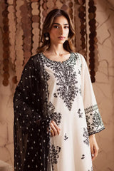 Stone Linen Embroidered Long Length 3 Piece Suit