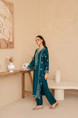 Premium Stone Linen Winter Embroidered Long Shirt with Plain Trouser – 2 Piece