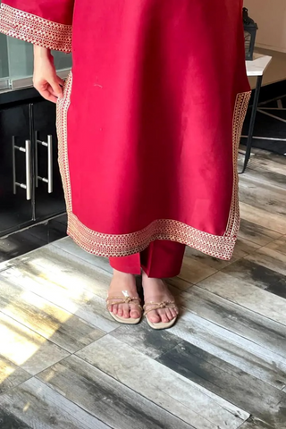 Premium Stone Linen Embroidered Long Shirt Suit 2 Piece